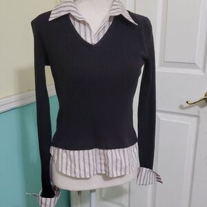 Red Paint Retro Y2K Black Ribbed Knit Top Simulated Striped Shirt Underneath M